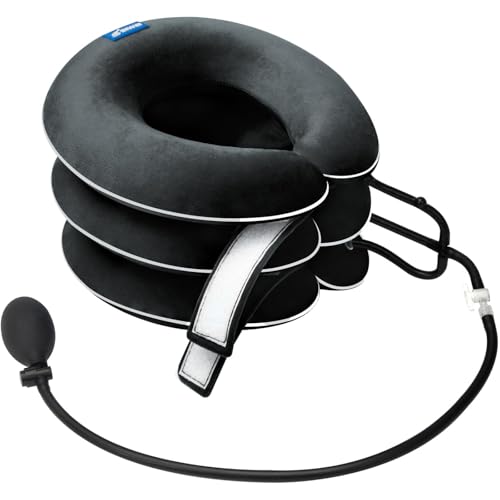 S Cervical Neck Traction Device for Neck Pain Relief Inflatable Neck Stretcher Collar for Decompression Best Home Use Neck Brace Pump Black Plush